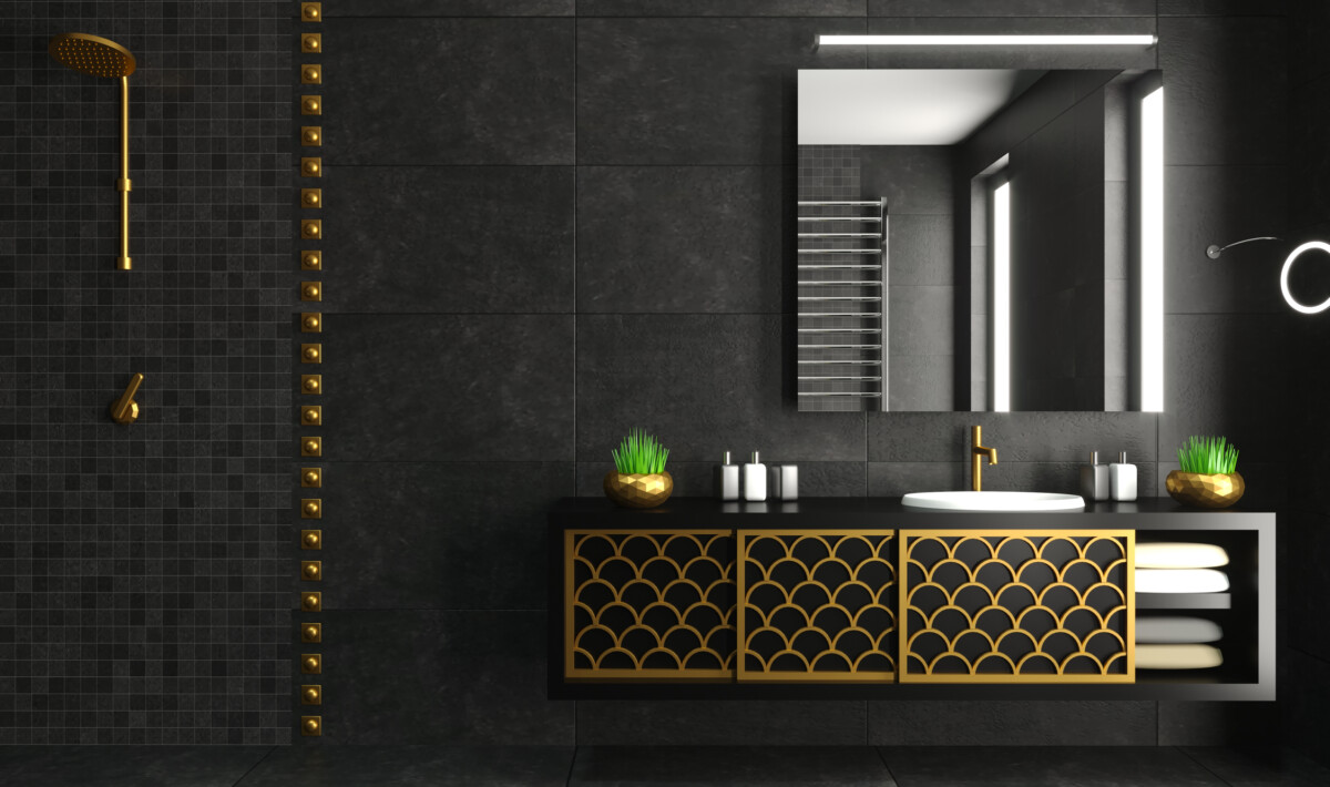 Modern bathroom interior black and gold chest of drawers